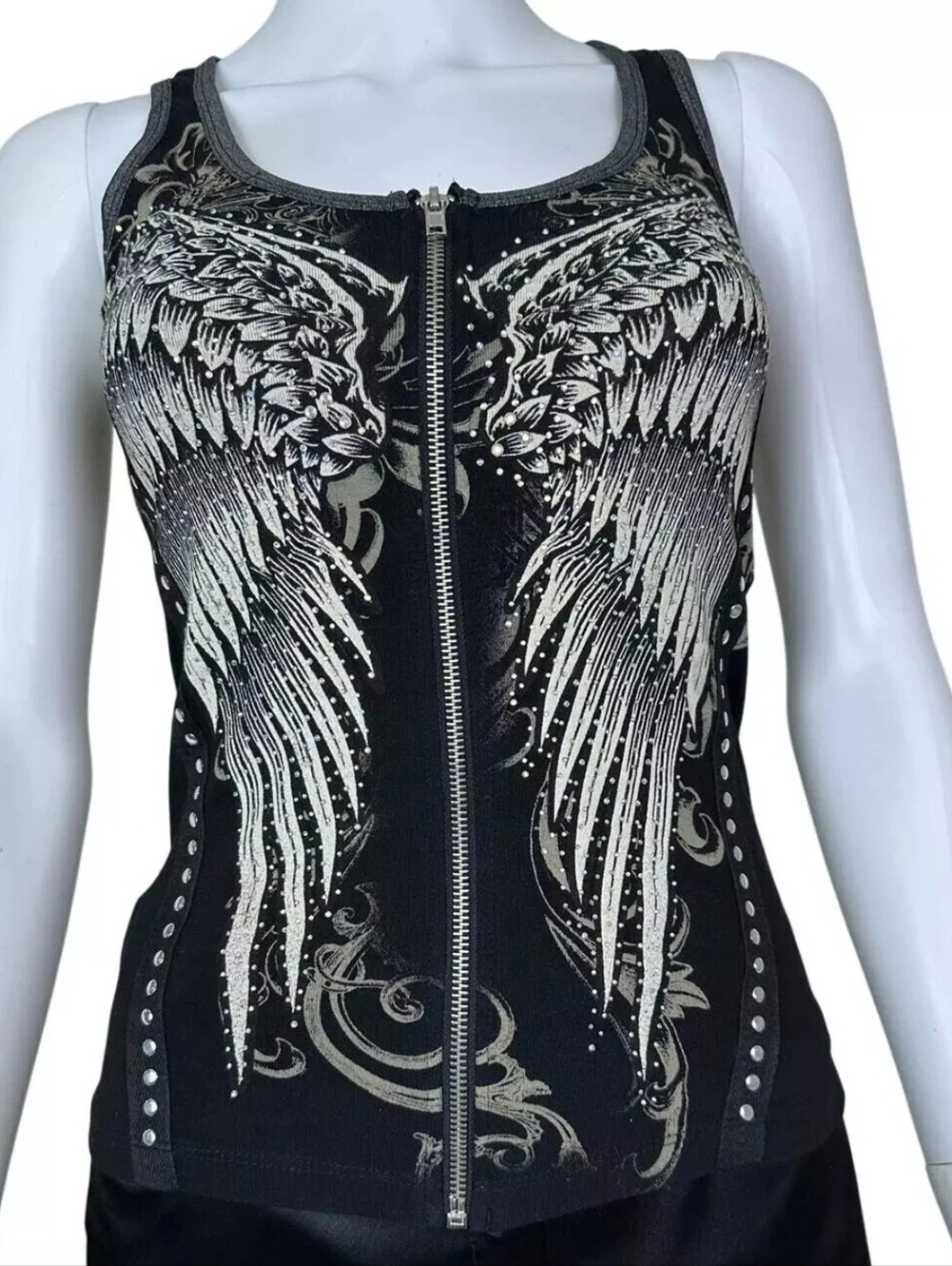 Las Angeles Bus Stop Black Angel Winged Graphic Zip Vest Top L
